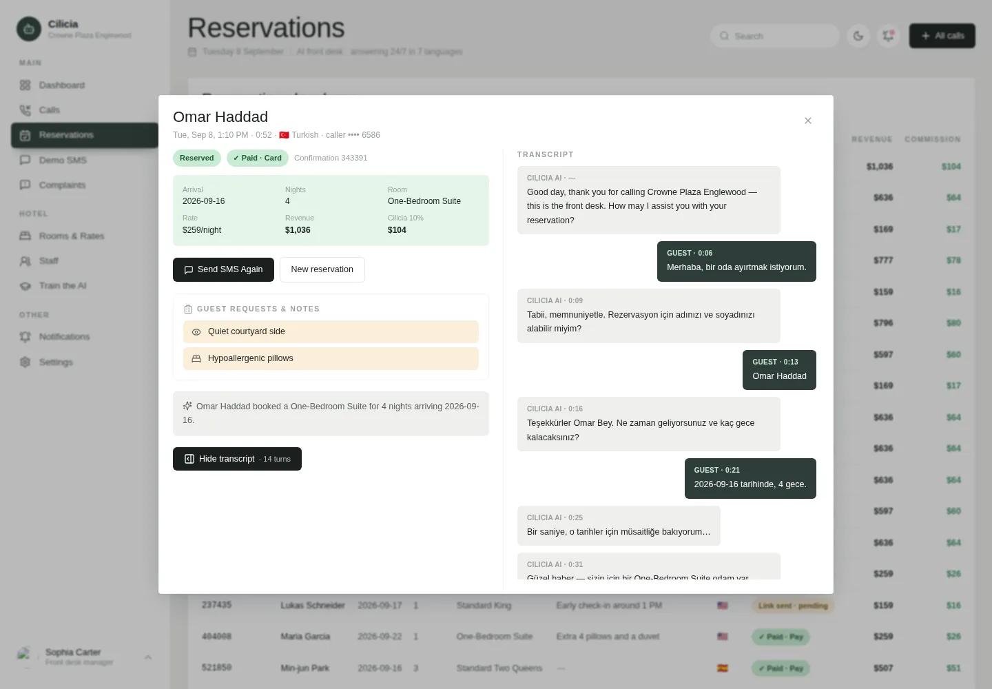 A reservation in the panel with its full call transcript